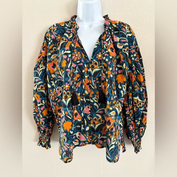 Cleobella Tops - Cleobella Kaitlyn Floral Print Button Front Tassels Organic Cotton Blouse Small